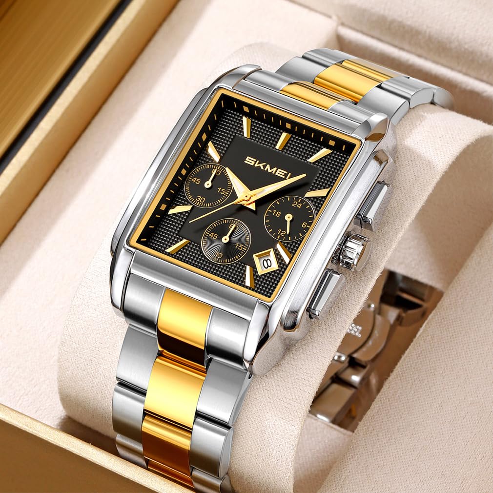 Skmei Square Watch Men Stylish Silver Stainless Steel Wristwatch Gentleman Waterproof Analog Business Casual Chronograph Male Luxury Gift Black Wach