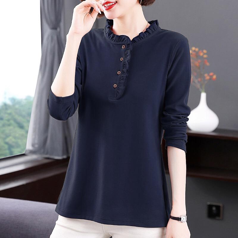 2025 Autumn New Fashion Solid Color T Shirt Woman O Neck Long Sleeve T-shirt Women European Style Female Button Shirts