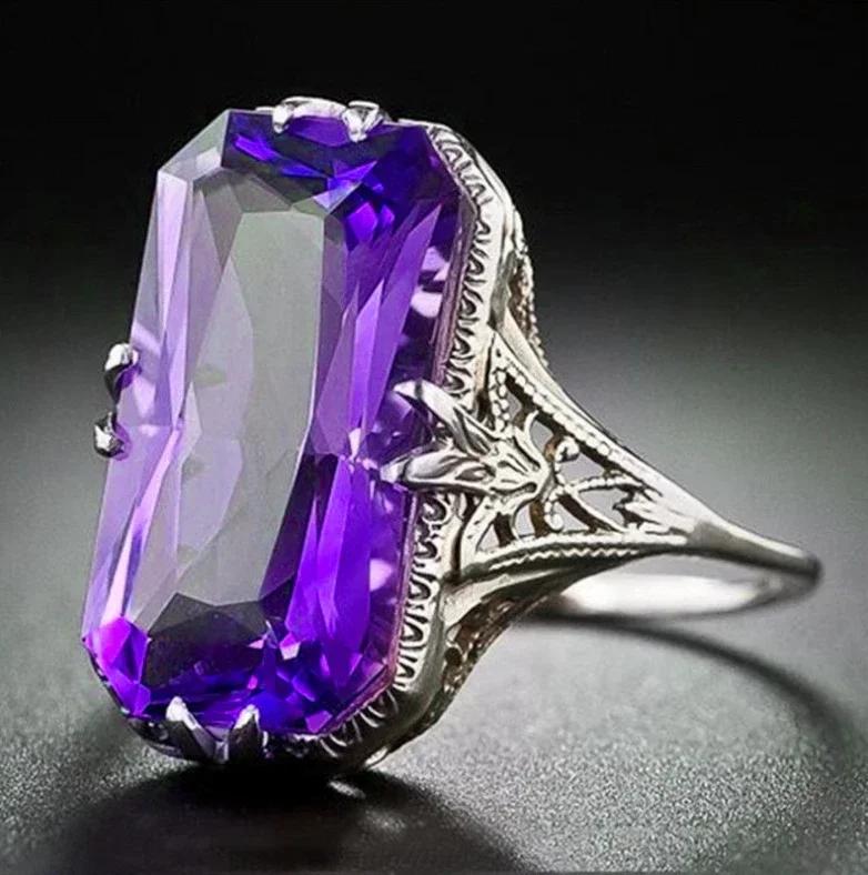 2025 New Purple Cubic Zirconia Ring with Sparkling Square Crystal, High End Women's Personalized Fashion Cocktail Party Zircon