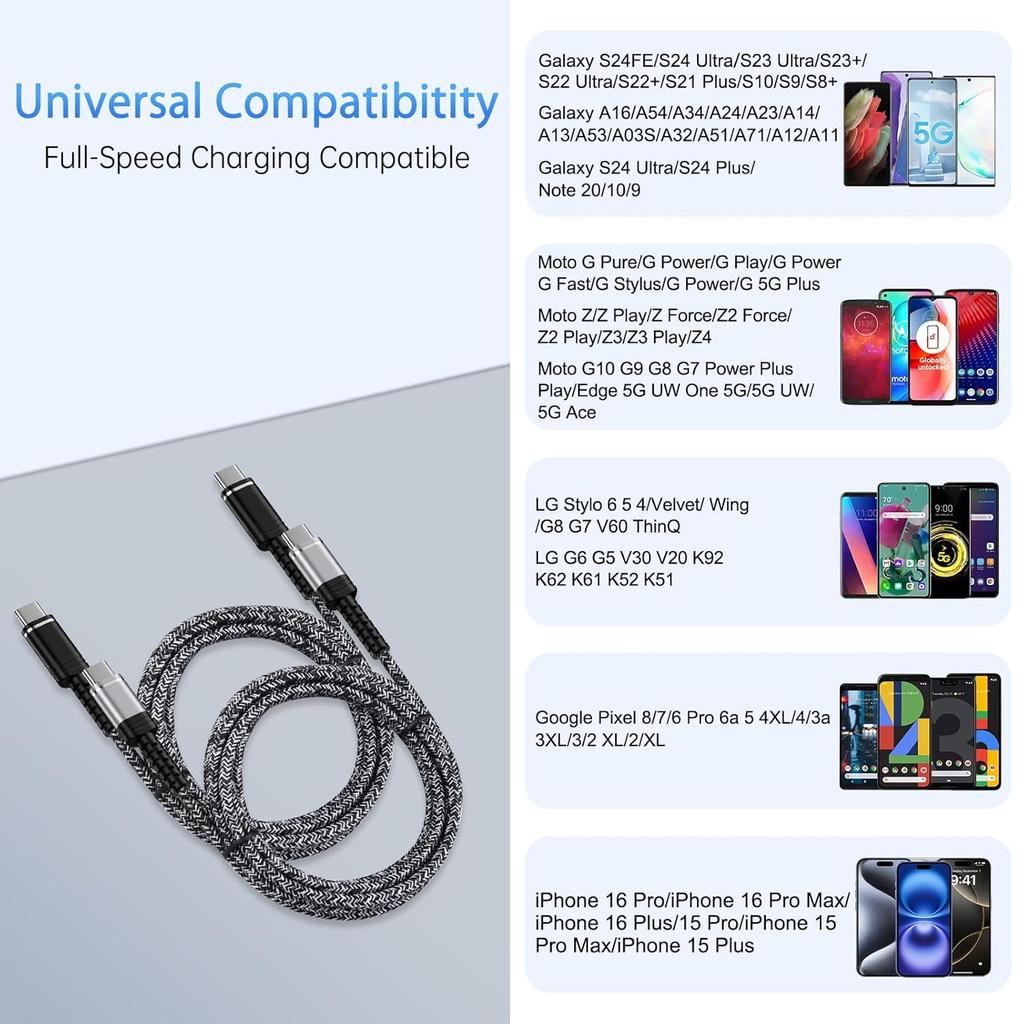 60W Car Carplay Cable Fast Charging for iPhone 17 Pro Max/17/16e/16/16 Pro/16 Pro Max/16 Plus/15/15 Pro/15 Pro Max, USB C to USB C Android Auto USB C