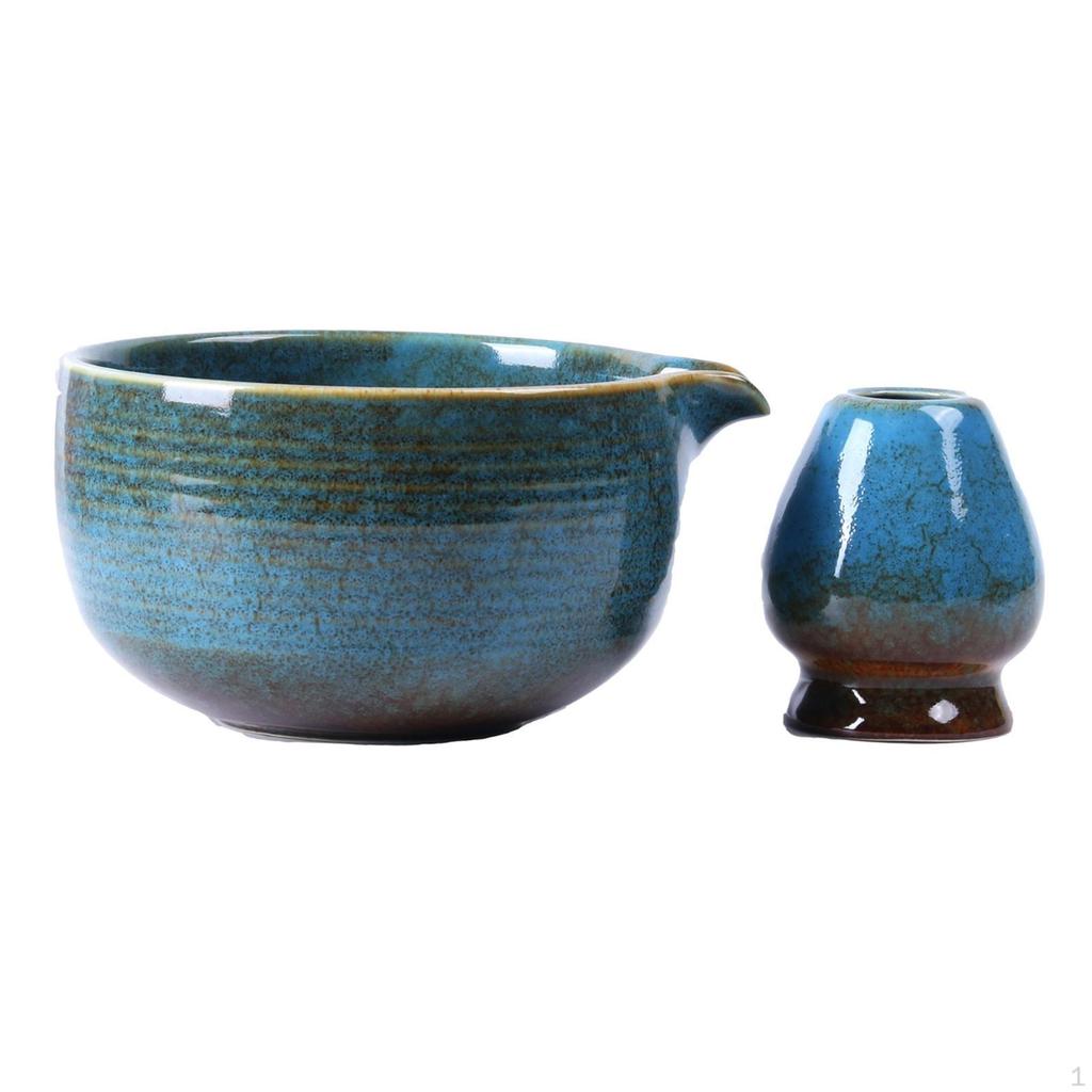 Ceramic Matcha Bowl Tea Set, Whisk Holder Glazed Handmade Traditional with Pouring Spout,