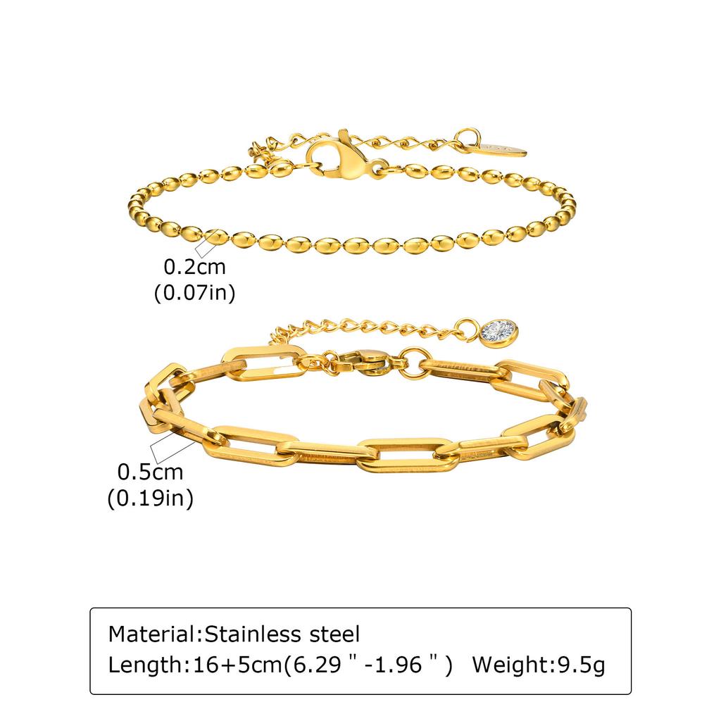 316L Stainless Steel Bracelet 2PCS, Golden Layered Chain Adjustable Stackable Jewelry, Women Summer Vacation Gift
