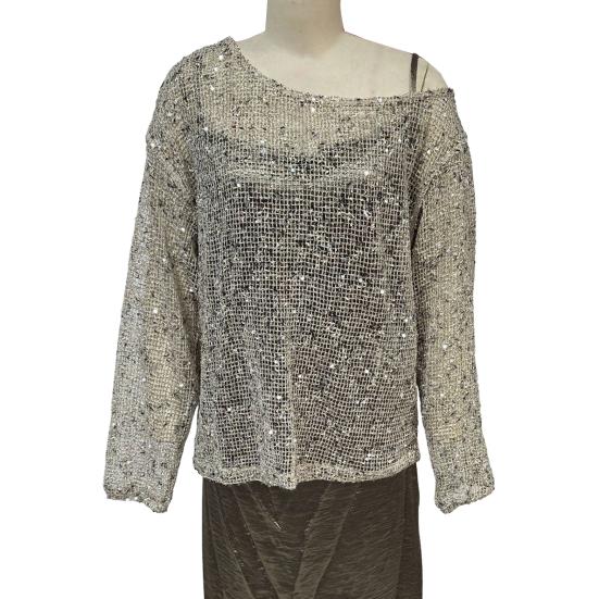 Women Tops Sparkling Sequin Detail Round Neck Long Sleeve Loose Fit Pullover Tops Office Vacation Party Wear