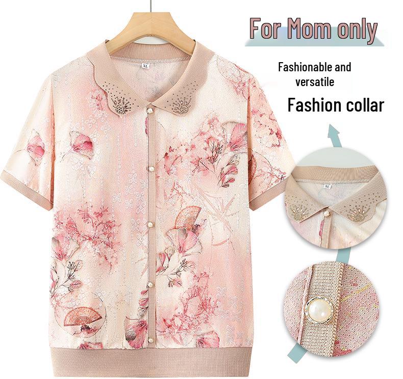 Stylish Summer Ice Silk T-shirt for Middle-aged Women (50s-60s) - Short Sleeve Top