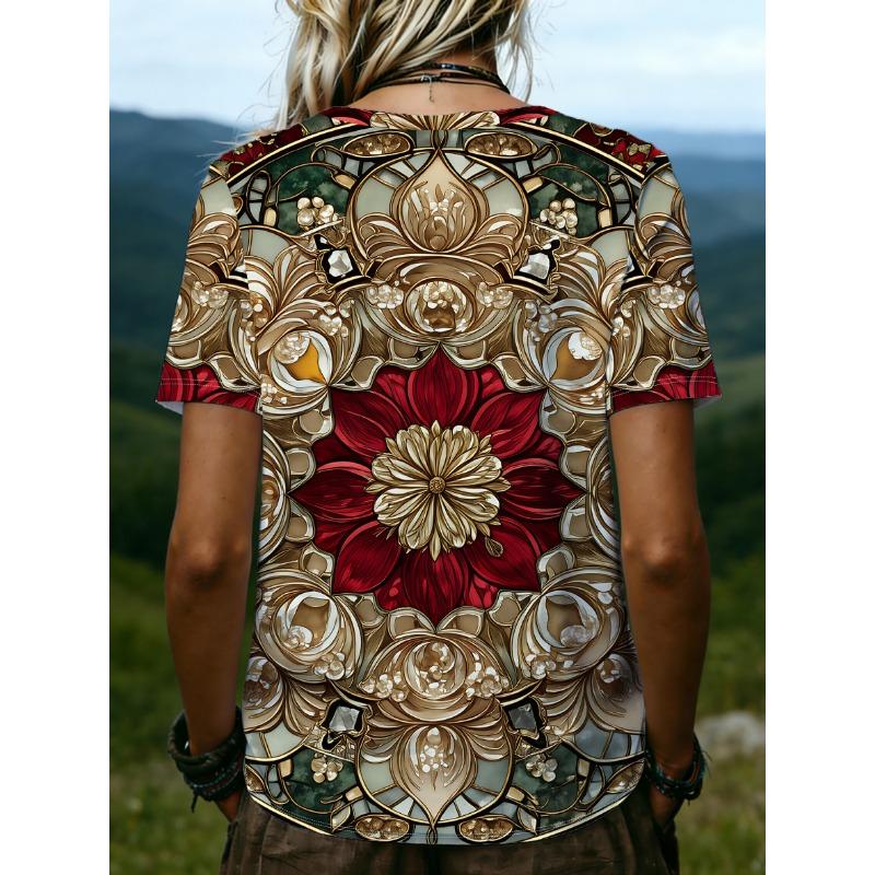 Large size women's 2026 new 3D printed V-neck short sleeved T-shirt, comfortable, loose and versatile casual top
