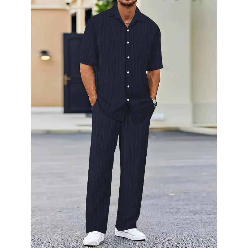 Striped Printed Men's Autumn Shirt Set, Outdoor Sports Casual Men's Lapel Shirt and Casual, Trendy and Fashionable