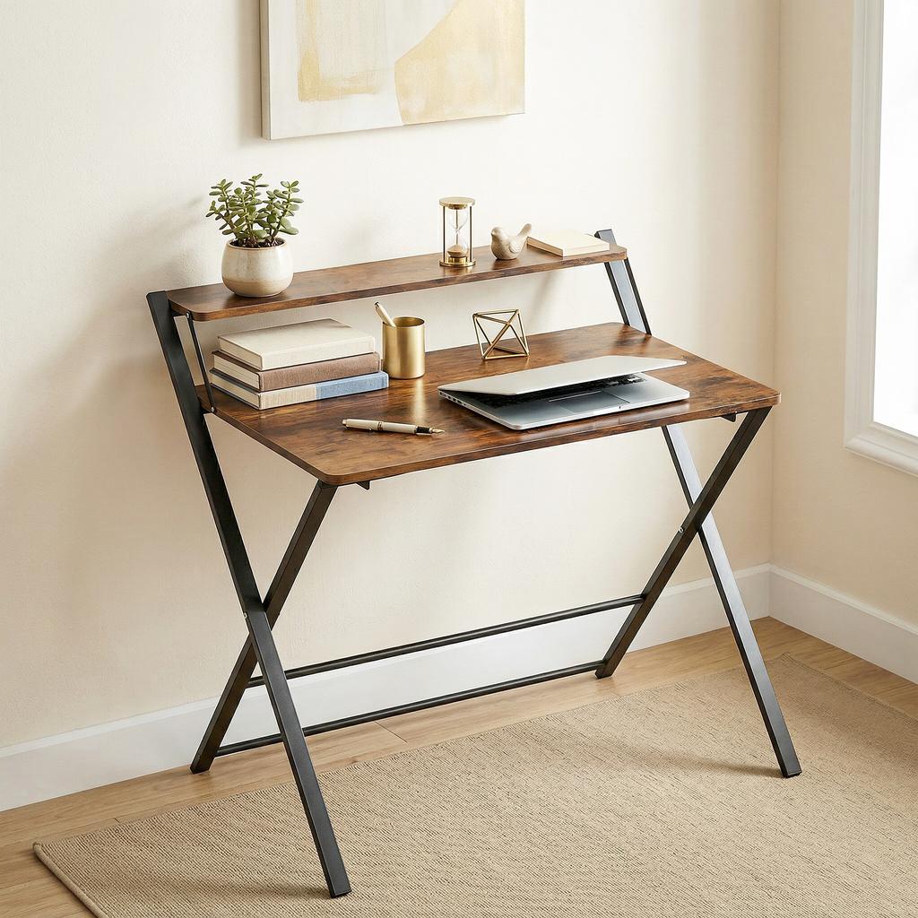 Compact Folding Desk for Small Spaces with Storage Shelf for Home Office, Rustic Brown