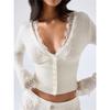 Damen V-Ausschnitt Spitze Besatz Strick Cardigan Langarm Knopf Schlanke Passform Verkürztes Pullover Top