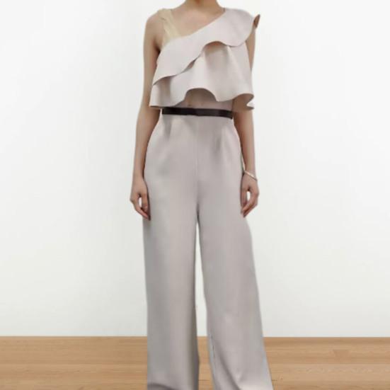 Letni kombinezon damski z falbanką, bez rękawów, z wysokim stanem, szerokimi nogawkami, z jednym ramieniem i skosem