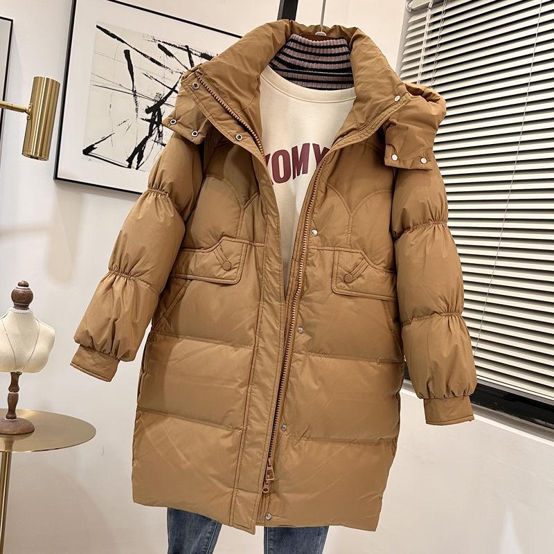 

Женский пуховик средней длины из пуха белой утки - Толстый, теплый, модный, приталенного силуэта, со стойкой и большими карманами M 115-130 lbs тыква