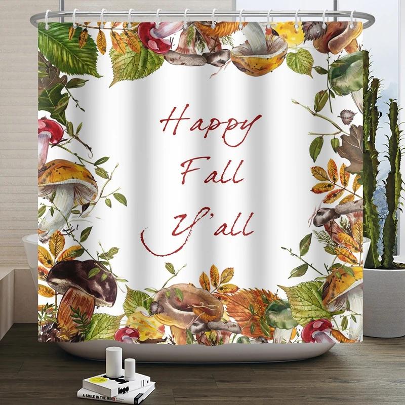 Hello Fall Shower Curtain Autumn Maple Leaves Pumpkin Bathroom Decor Polyester Fabric Cloth Shower Curtain With Hooks Room Decor