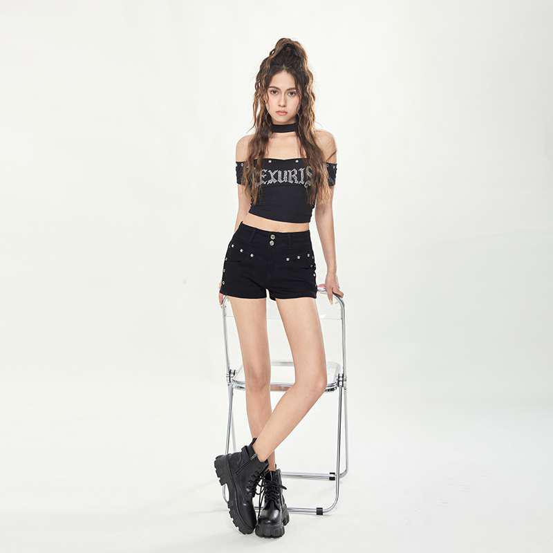 

American High Waist Black Rivet Hot Pants - Women s Spicy Hip-Hugging Denim Shorts Large чёрный