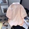 Farbenfrohes Knopf Pink Gestreiftes Damenhemd Sommer Kurzärmeliger College-Stil Oberteil Locker Umlegekragen Damenhemden