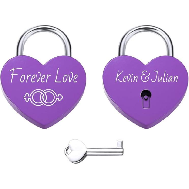 

Персонализированный замок с гравировкой в виде сердца, фото на заказ, алюминиевый памятный знак, имя, дата, годовщина, Валентинка, мост, замок, подарок ему и ей A8: Text + Text (Purple)