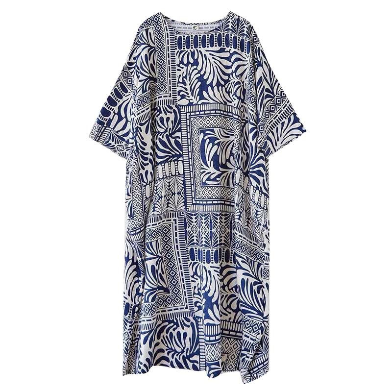 Abito in Cotone e Lino da Donna Taglia L per Donne Curvy Stile Letterario e Retrò Abbigliamento per la Mamma di Metà Anno Scollo Tondo Senza Maniche Ampio Extra Large