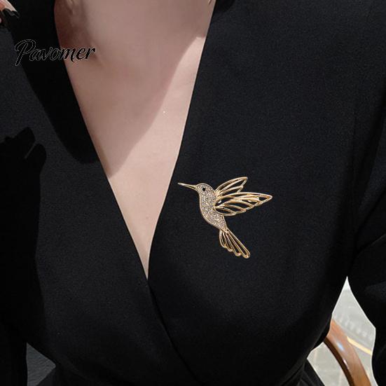 Golden Tone Bird Brooch Bling Rhinestone Hummingbird Brooch, Hollow Flying Alloy Daily Wear Pin, Jewelry Accessory for Coats Scarves Dresses