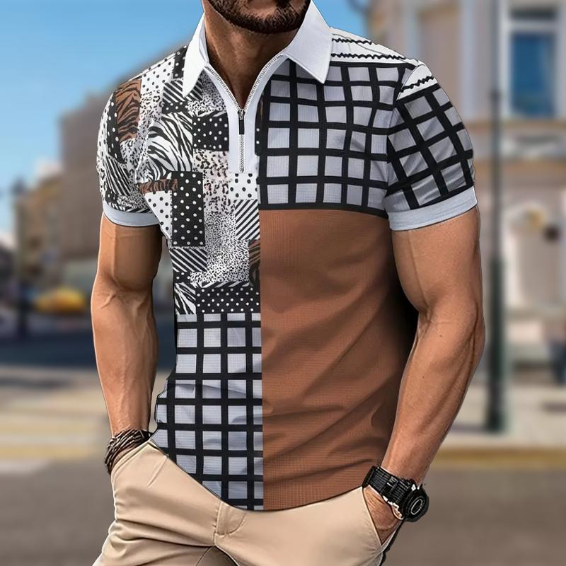 Men's Shirt Polo Casual Zip Short Sleeve Fashion Casual Zipper Summer Spring Regular Fit Graffiti Grid 3D Print Shirt