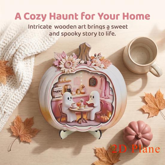 Cute Pastel Pumpkin Ornament Halloween Ghost Wooden Plaque, 2D Flat Tabletop Sign, Desktop Festive Home Accessory Spooky Bathing Reading for
