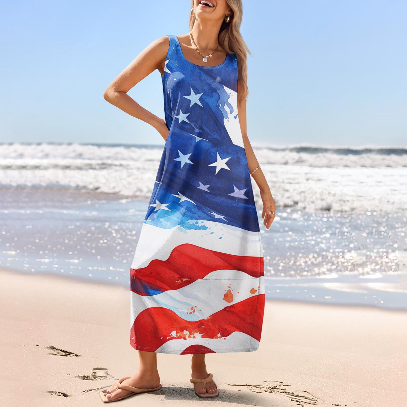 

Women s Casual Long-length Sundress Summer Beach Dress Round Neck Sleeveless Loose Sundress L синій
