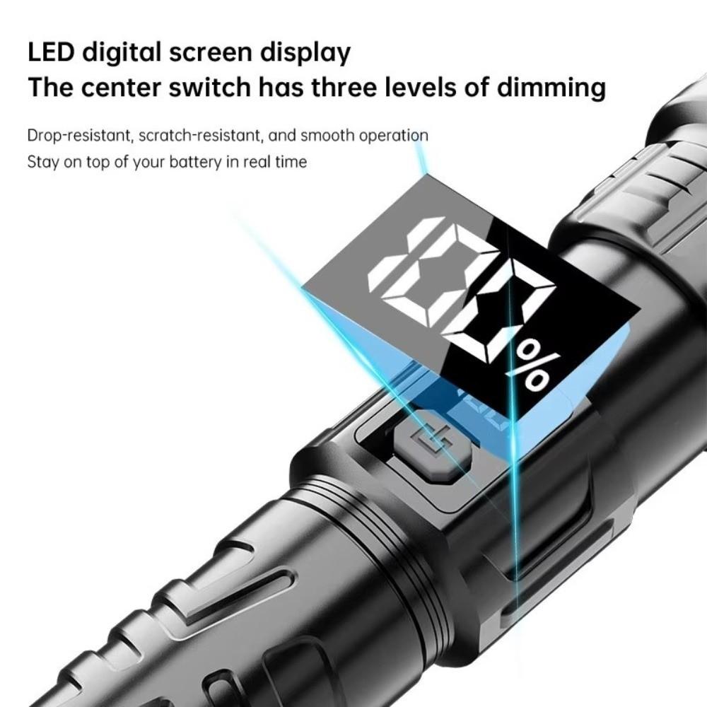 Rechargeable Super Bright LED Flashlight Portable Telescopic Sliding Zoom Outdoor Strong Light Flashlight Digital Display