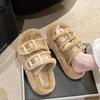 Buckle White Thick-soled Fluffy Slippers Women's Shoes Wear New Internet Celebrity Warm Muffin One-word Plush Cotton Mop