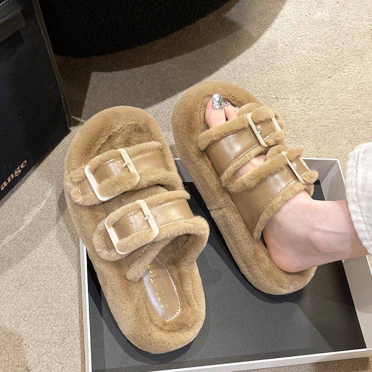 Buckle White Thick-soled Fluffy Slippers Women's Shoes Wear New Internet Celebrity Warm Muffin One-word Plush Cotton Mop