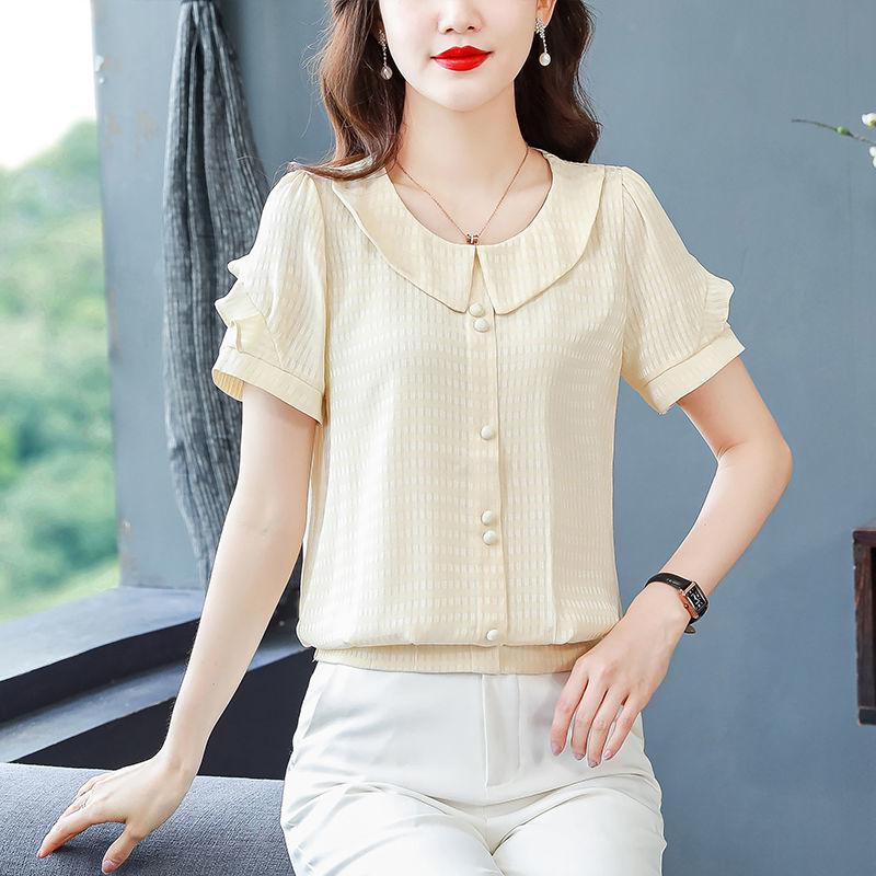 Summer Plus Size Blouse Women Vintage Chiffon Shirt Casual Loose Short Sleeve Tops