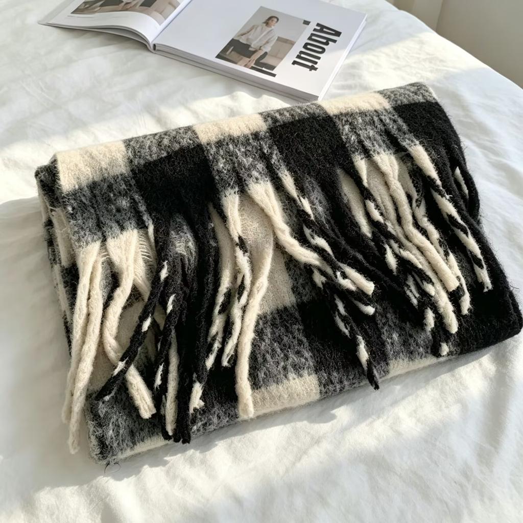 Korean Blue Plaid Scarf Women's Winter Thickened Warm Imitation Mohair Shawl Dual-purpose Student Versatile Scarf