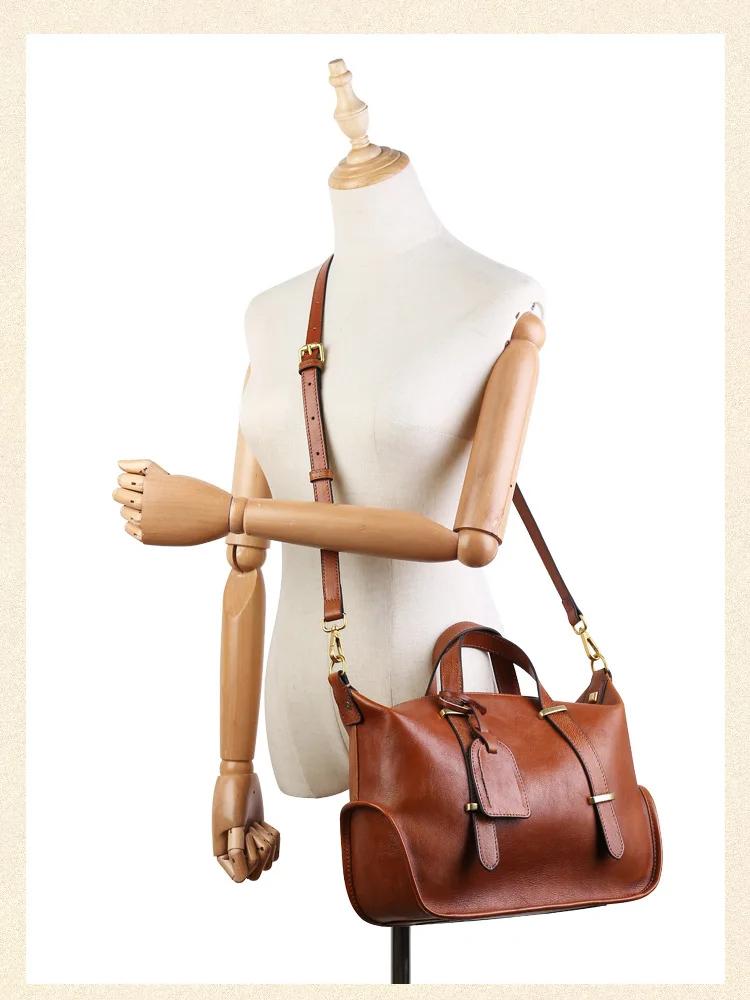 Johnature Vintage Einfarbig Echtleder Handtasche Große Kapazität Boston Damentasche Lässige Schultertaschen