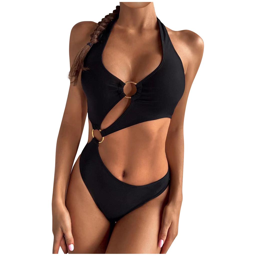 Hollow Solid Metal Ring  Neck , Backless Hot Girl Sexy One-piece Swimsuit, Hot Spring Swimsuit