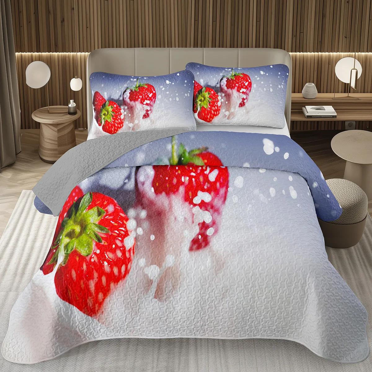 

Strawberry Bedspread Kawaii Fit Coverlet Twin Queen Cute Strawberries Print Quilted Bedding Set for Girls Teen Bedroom Decor 135x200cm