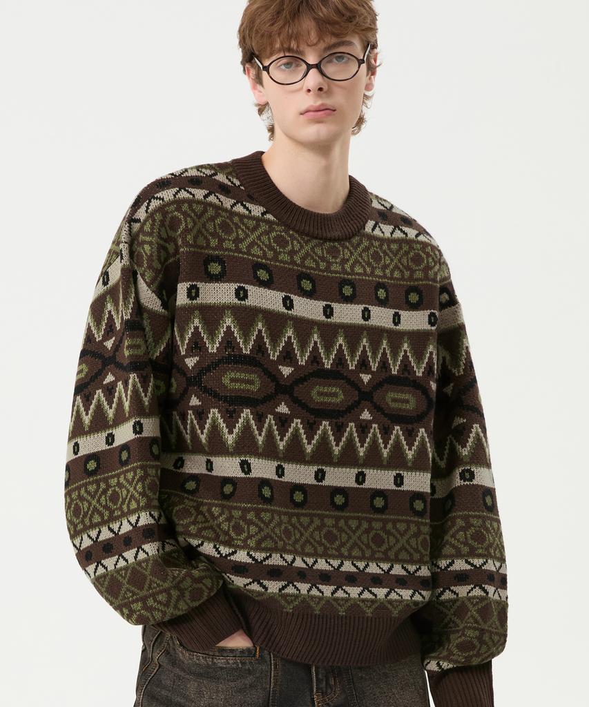 TRILLION Vintage Fair Isle Jacquard Crewneck Knit_Brown