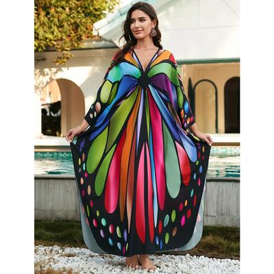Damen Boho Stil Cover Up, Übergröße Bunter Schmetterlingsdruck V-Ausschnitt Webdesign Locker sitzendes Strandkaftan-Kleid