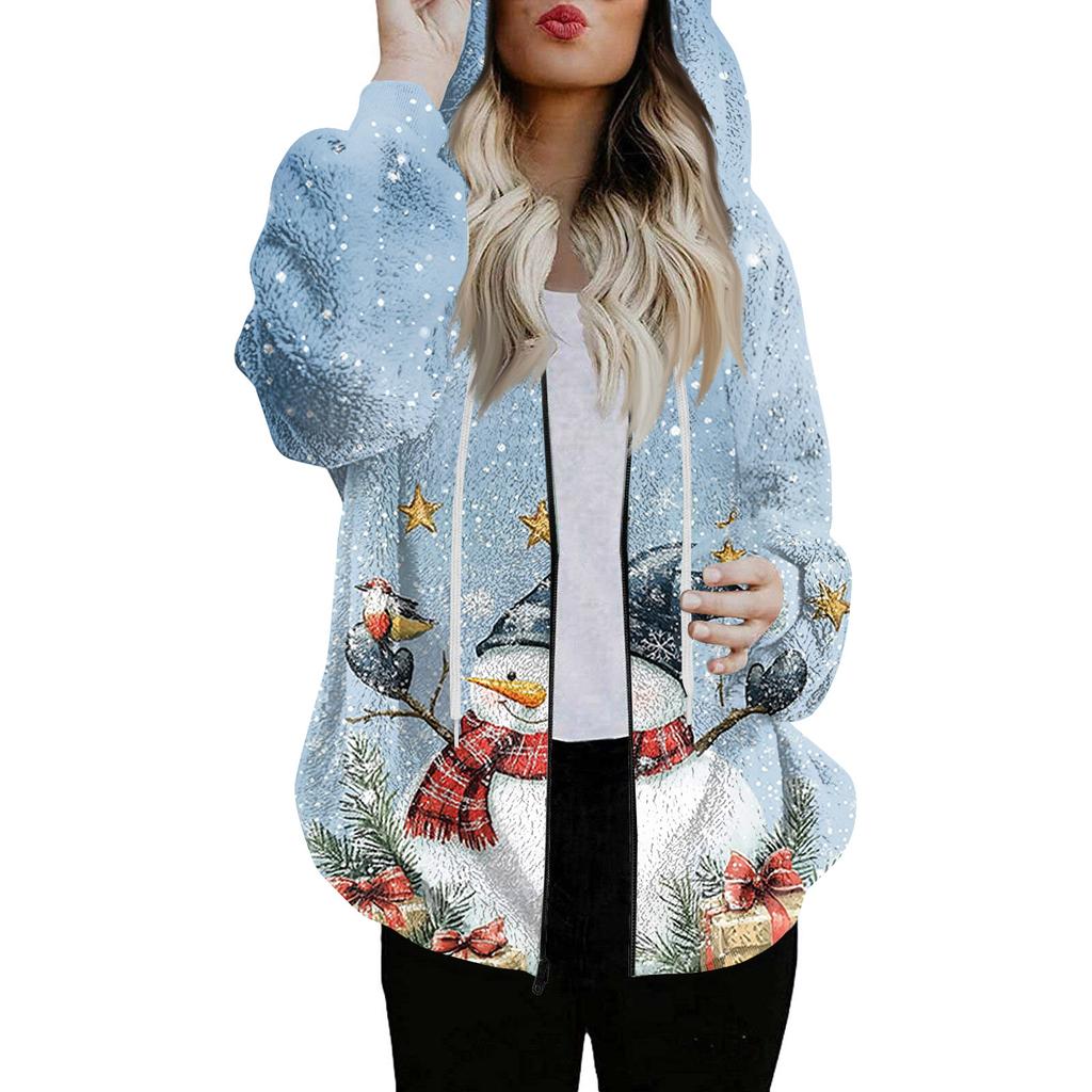 Women's Fashionable Casual Zippered Hooded Christmas Print Drawstring Furry Sweatshirt Jacket