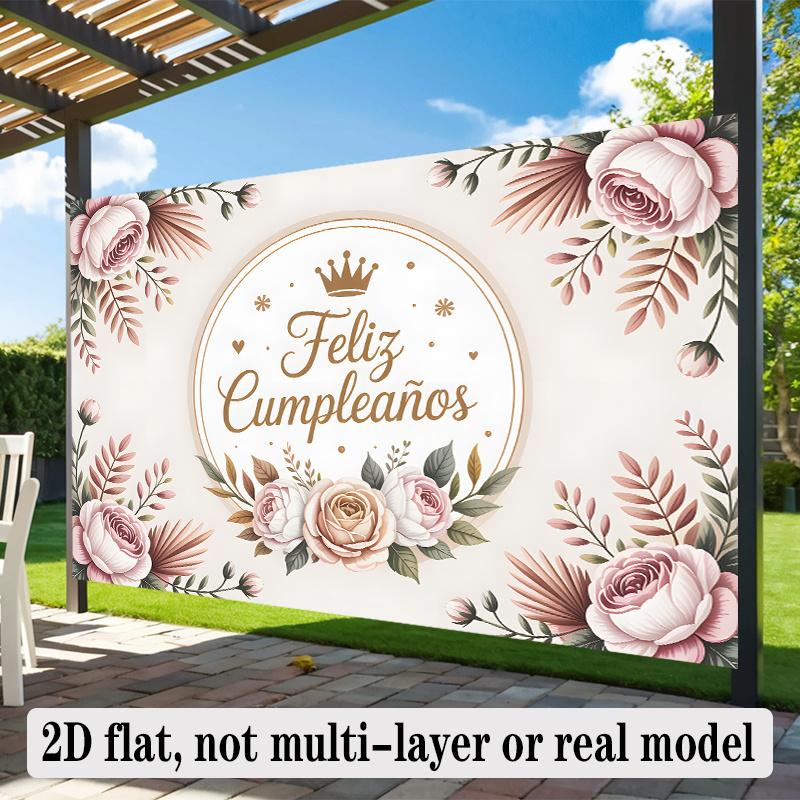 Spanish Feliz Cumplea?os Floral Theme Multicolor Design, 1pc Polyester Party Backdrop Banner, Photo Booth Background, Wall Decor