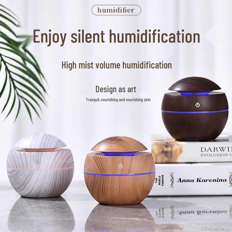 Kreativní sférický USB zvlhčovač vzduchu s texturou dřeva, ve tvaru houby, s barevným světlem a tichou aromaterapií