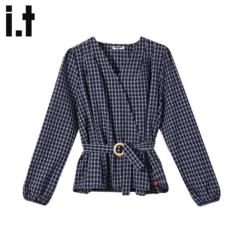 Women s French Style Plaid Tie-Front Long Sleeve Shirt M