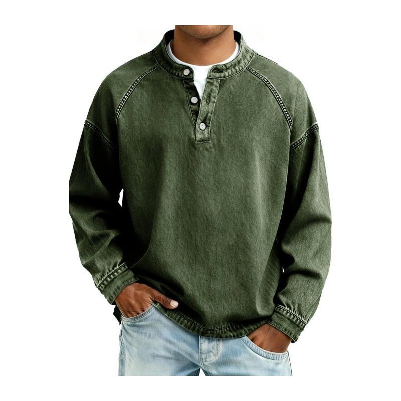 Men's Long Sleeve Pullover Shirt, Loose Fit Polyester Solid Color Rounded Collar Shirt with Button Detail, Casual All Season Top