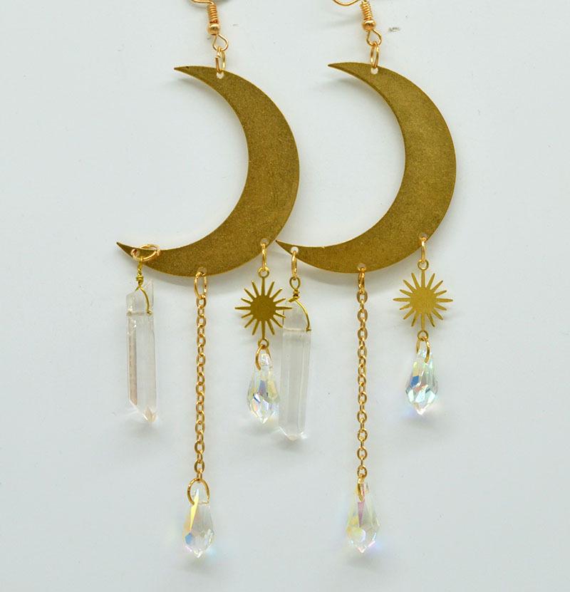 Multi-colored Copper Moon and Sun Raindrop Crystal Earrings
