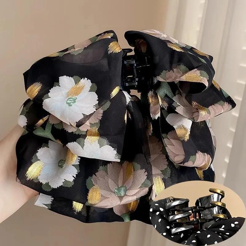 Polka Retro Dot Mesh  Big Bow Hair Clip for Woman Elegant Temperament Back of The Head Grab Clip Fashion Girl Hair Clamp