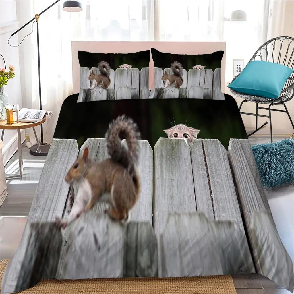 Bettbezug Tiere Cartoon Eichhörnchen Frühlingswiese Wald Fauna Schlafzimmer Dekorativ für Kinder Jungen Mädchen Geschenk Queen Size