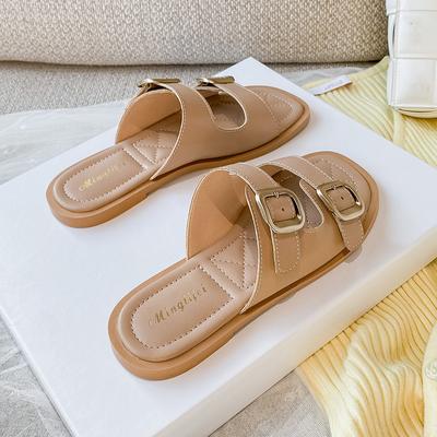 2024 Damen Schnallenslipper Neu 2024 Bequeme Flache Slipper Komfort Sandalen Lässige Strandschuhe Doppelriemen Verstellbare Flache Slipper