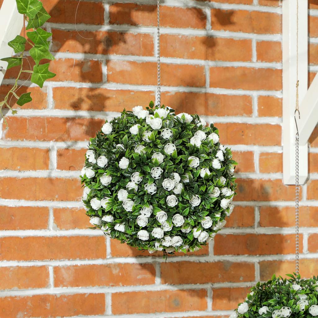 Set of 2 Decorative Artificial Plants, UV-protected Artificial Plant Topiary Rose Balls, Fake Plants for Home Indoor outdoor Decor, 28cm, White