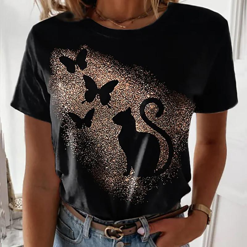 

Женская летняя футболка тренд принт котенка ретро мода футболки с коротким рукавом повседневные с принтом топы 8XL жёлтый