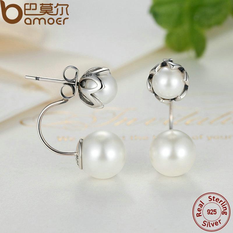 BAMOER New 100% Authentic 925 Silver Simulated Pearls Jewelry Special Style Female Drop Earrings SCE002