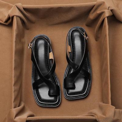 Vintage Brown Over Toe Sandals Women Summer Large Size Low Heel Roman Women Sandals