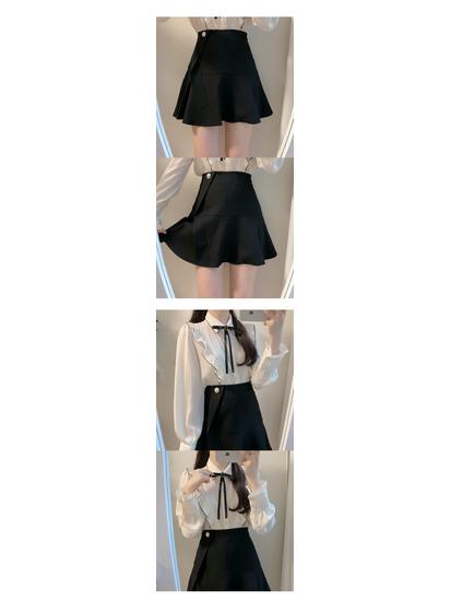 Women's Spring College Style Pearl Button Bow Ruffle Collar Blouse