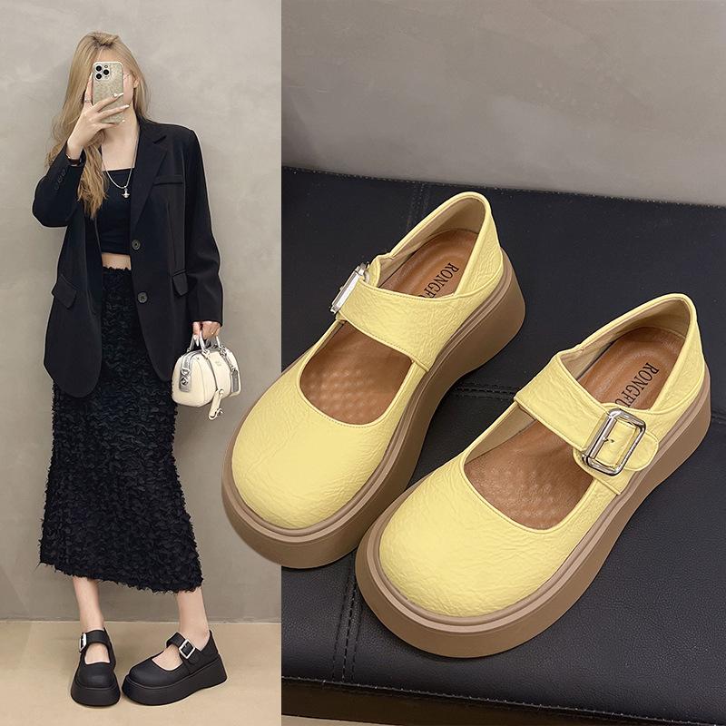British style retro round head shallow mouth one-word single shoes spring new fashion increase height show long legs Mary Jane small leather shoes
