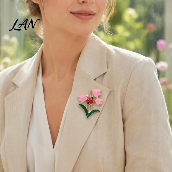 Strong Buckle Brooch Enamel Tulip Ladybug for Women, Oil-Dripping Flower Ladybird Lapel Pin, Sweater Cardigan Coat Suit Scarf Jewelry Accessories
