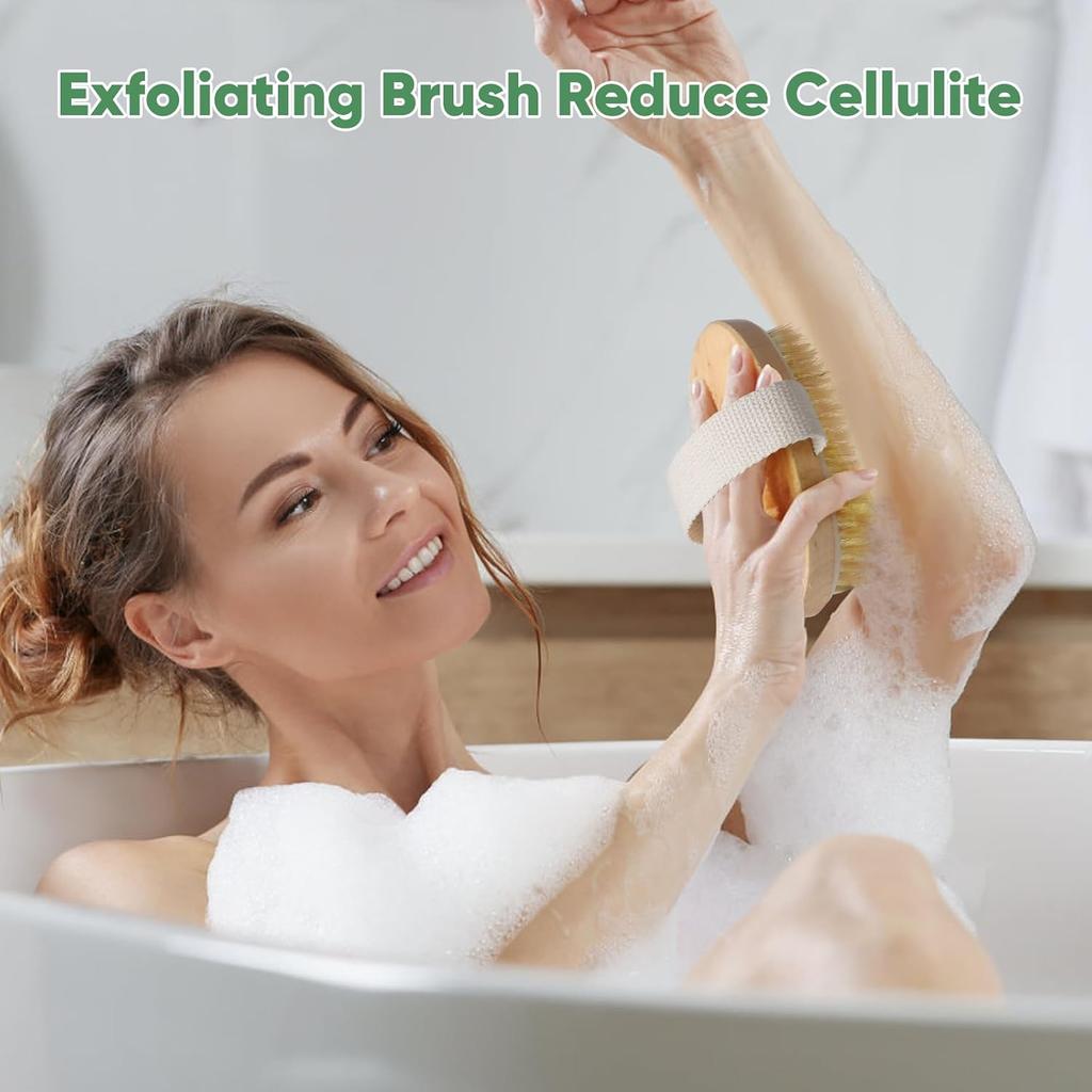 Soft Wood Body Brush Long-Round Bath Brush for Skin Scrubbing Dry Body Brush for Bathroom Use